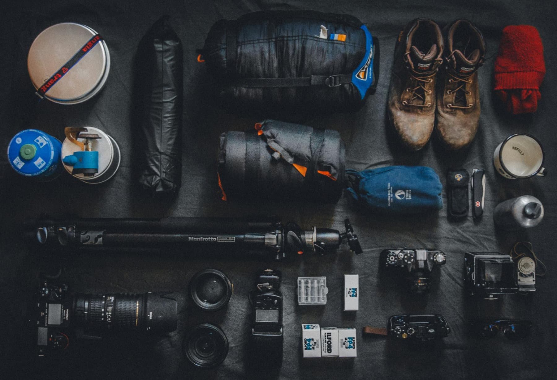 Field-repair and safety kit laid out on a flat surface.
